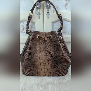 BRAHMIN Leather Dana Drawstring Shoulder Bag Purse Melbourne Croc Embossed
